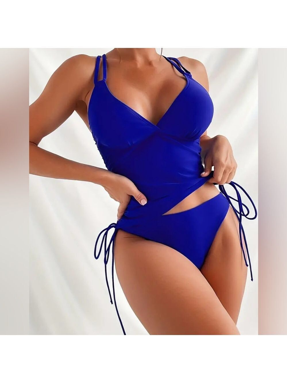 Royal Blue V Neck Drawstring Sides Tankini Set